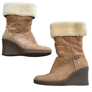 Ugg Joslyn 1941 Camel Suede Leather Wedge Shearling Boot sz 9 Winter Casual